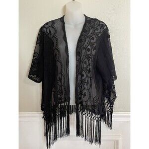 Black Floral Fringe Lace Fringe Shawl Wrap One Size Whimsigoth Dark Romantic